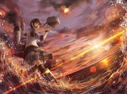  1girl fubuki_(kantai_collection) kantai_collection lif long_hair machinery open_mouth ponytail school_uniform serafuku skirt smoke smokestack solo sunset water 