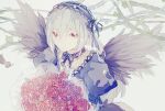 1girl black_wings bouquet choker flower gothic_lolita hairband holding lolita_fashion lolita_hairband long_hair puffy_sleeves red_eyes rozen_maiden silver_hair solo suigintou upper_body wings xiaohan6th 