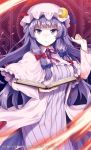  1girl arisaka_ako book bow capelet crescent dress fire hair_bow hair_ornament hat hat_bow long_hair long_sleeves looking_at_viewer magic_circle mob_cap open_book open_mouth patchouli_knowledge purple_hair solo striped text touhou vest violet_eyes wide_sleeves 