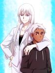  1boy 1girl arm_around_neck blue_eyes hands_in_pockets hoodie johnathan_mar jormungand koko_hekmatyar long_hair long_sleeves red_eyes scar short_hair skirt smile white_hair 