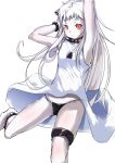  1girl armpits black_panties dress kantai_collection leg_garter long_hair looking_at_viewer northern_ocean_hime pale_skin panties red_eyes shinkaisei-kan side-tie_panties simple_background solo tai_(nazutai) underwear white_background white_dress white_hair 