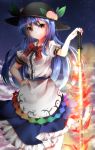  1girl above_clouds absurdres blue_hair bow flaming_sword food fruit glowing glowing_sword glowing_weapon hand_on_hip hat highres hinanawi_tenshi long_hair looking_at_viewer peach puffy_short_sleeves puffy_sleeves red_eyes shirt short_sleeves skirt smile solo sword_of_hisou touhou very_long_hair weapon yozakura_retei 