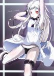  1girl armpits artist_name black_panties dress kantai_collection leg_garter long_hair looking_at_viewer northern_ocean_hime pale_skin panties red_eyes shinkaisei-kan side-tie_panties solo tai_(nazutai) underwear white_dress white_hair 