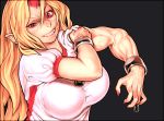  1girl absurdres blonde_hair breasts chain clenched_teeth cuffs fangs fingernails frown g_otto grey_background highres horn hoshiguma_yuugi large_breasts long_hair manacles muscle nail_polish pointy_ears red_eyes red_nails sharp_fingernails short_sleeves simple_background sleeve_rolled_up solo taut_clothes taut_shirt touhou upper_body 