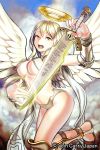  1girl angel angel_wings breasts clouds company_name halo kumio34 long_hair official_art open_mouth sky solo soukoku_no_regalia sword under_boob weapon wings 