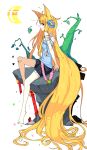  1girl absurdly_long_hair animal_ears bandaged_arm bandaid bandaid_on_knee bangs bare_legs barefoot blonde_hair fox_ears hair_ornament highres long_hair lyu moon multicolored_nail_polish nail_polish original red_eyes shorts sitting_on_rock solo very_long_hair white_background 