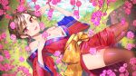  1girl :p breasts brown_hair cleavage clinexgrim flower futami_mami highres idolmaster idolmaster_million_live! japanese_clothes kimono looking_at_viewer lying nature no_bra off_shoulder on_back red_eyes short_hair side_ponytail solo thigh-highs tongue tongue_out water 