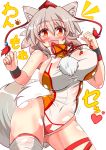  1girl alternate_costume animal_ears blush bouncing_breasts bracelet breasts fangs hat heart highres inubashiri_momiji jewelry large_breasts leg_ribbon leotard open_mouth red_eyes rindou_(p41neko) sideboob silver_hair smile solo tokin_hat touhou wolf_ears 