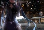  1girl aqua_hair breath building city cold dark highres long_hair night scarf sishenfan smile snow snowing solo twintails upper_body very_long_hair vocaloid winter_clothes 