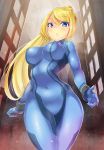  1girl blonde_hair blue_eyes bow breasts kazo large_breasts long_hair metroid ponytail samus_aran solo very_long_hair zero_suit 