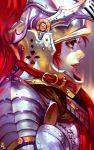  1girl armor breastplate buckle eyelashes filigree helmet highres knight lips looking_to_the_side open_mouth original paladin pale_skin plate_armor red_eyes redhead smile solo spaulders visor_(armor) zudarts_lee 