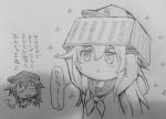  2girls akatsuki_(kantai_collection) anchor_symbol basket closed_eyes closed_mouth commentary_request flat_cap hair_between_eyes hat herada_mitsuru hibiki_(kantai_collection) kantai_collection long_hair long_sleeves multiple_girls neckerchief object_on_head school_uniform serafuku sparkle sparkling_eyes translation_request 
