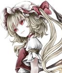 1girl ascot blonde_hair fang flandre_scarlet hat hat_ribbon highres long_hair mob_cap puffy_short_sleeves puffy_sleeves red_eyes ribbon shirt short_sleeves side_ponytail slit_pupils smirk solo touhou upper_body very_long_hair vest wings yutapon 