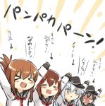  &gt;_&lt; 4girls =_= akatsuki_(kantai_collection) black_hair blue_eyes blush brown_hair engiyoshi faceless faceless_female fang folded_ponytail hair_ornament hairclip hibiki_(kantai_collection) ikazuchi_(kantai_collection) inazuma_(kantai_collection) kantai_collection multiple_girls nanodesu_(phrase) pan-pa-ka-paaan! short_hair silver_hair sweatdrop translated 