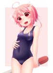  1girl :d ahoge breasts cleavage hair_ornament holding i-58_(kantai_collection) kantai_collection open_mouth pink_eyes pink_hair school_swimsuit shigure_(pikussibu) short_hair smile solo swimsuit torpedo 