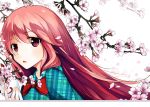  1girl bow cherry_blossoms error expressionless fox_mask hata_no_kokoro holding_mask long_hair looking_to_the_side mask parted_lips petals pink_hair plaid plaid_shirt simple_background solo tongue touhou tree_branch unmoving_pattern upper_body violet_eyes white_background wind 
