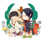  2boys anger_vein angry bandana black_eyes black_hair chibi club eyeshadow fighting flower hakutaku_(hoozuki_no_reitetsu) hoozuki_(hoozuki_no_reitetsu) hoozuki_no_reitetsu horn horns japanese_clothes long_sleeves makeup male_focus multiple_boys oni open_mouth pointy_ears px2011 rabbit spiked_club wavy_mouth weapon yellow_eyes 