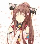  1girl brown_hair cherry_blossoms flower hair_flower hair_ornament headgear highres kantai_collection long_hair petals ponytail smile yamato_(kantai_collection) yamoka_(mocateria) 