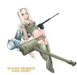  1girl aqua_eyes blonde_hair character_name crop_top cutoffs gun hand_on_hip long_hair m4_sherman military military_vehicle nano navel original personification simple_background sleeves_folded_up solo tank vehicle weapon white_background world_war_ii 