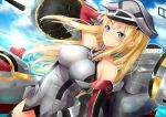  1girl bare_shoulders bismarck_(kantai_collection) black_legwear blonde_hair blue_eyes breasts clouds detached_sleeves hat highres kantai_collection large_breasts long_hair looking_at_viewer military_hat payot peaked_cap sky solo thigh-highs tokorotn water 