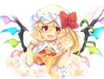  1girl ascot blonde_hair bow cherry_blossoms dress fangs flandre_scarlet hat hat_bow iroyopon looking_at_viewer mob_cap open_mouth red_dress red_eyes side_ponytail smile solo touhou upper_body wings 