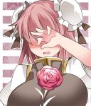  1girl blush breasts bun_cover commentary covering_face double_bun flower full-face_blush hair_over_eyes hammer_(sunset_beach) ibaraki_kasen large_breasts pink_hair revision rose short_hair solo tabard touhou upper_body 