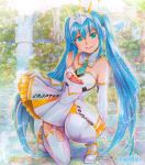  1girl artist_name blue_hair collar elbow_gloves gloves goodsmile_company goodsmile_racing green_eyes hatsune_miku kneeling long_hair looking_at_viewer marker_(medium) mayo_riyo necktie racequeen solo thigh-highs traditional_media twintails very_long_hair vocaloid water waterfall 