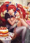  1girl ango bow breasts brown_eyes cake cleavage_cutout flower food frills fruit hair_bow highres indoors large_breasts lips maid maid_headdress original redhead rose sitting solo sparkle strawberry table tears thigh-highs tiered_tray twintails white_legwear wrist_cuffs 