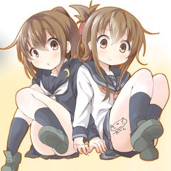  2girls blush brown_eyes brown_hair crescent darkside folded_ponytail fumizuki_(kantai_collection) inazuma_(kantai_collection) kantai_collection loafers looking_at_viewer multiple_girls neckerchief ponytail school_uniform serafuku shoes skirt 