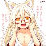  1girl animal_ears blush breasts cleavage eyebrows fang fox_ears glasses japanese_clothes kohaku_(yua) large_breasts long_hair looking_at_viewer miko open_mouth original red-framed_glasses semi-rimless_glasses slit_pupils smile solo thick_eyebrows translation_request twitter_username under-rim_glasses white_hair yellow_eyes yua_(checkmate) 