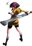  1girl ahoge artist_request bike_shorts black_boots boots brown_hair french-bread from_behind frown full_body highres hoodie knife linne long_sleeves looking_back official_art short_hair sideways_mouth solo sword transparent_background under_night_in-birth violet_eyes weapon 