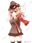  1girl anchor_hair_ornament anju_(meipurusanchi) aqua_eyes brown_hair hair_ornament hat kantai_collection long_hair peaked_cap pleated_skirt prinz_eugen_(kantai_collection) scarf skirt solo translation_request twintails twitter_username 