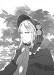  1girl animated animated_gif arsenixc blinking bloodborne bonnet cloak expressionless flower looking_away monochrome plain_doll scarf short_hair solo 
