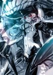  1girl black_gloves bodysuit cane covered_navel creayus gloves glowing glowing_eyes headgear kantai_collection long_hair looking_at_viewer red_eyes shinkaisei-kan solo white_hair white_skin wo-class_aircraft_carrier 