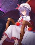  1girl apple bat_wings chair food fruit hat huuyu_1z looking_at_viewer purple_hair red_eyes remilia_scarlet short_hair sitting solo touhou wings 