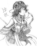  1girl homare_(fool&#039;s_art) japanese_clothes kantai_collection looking_at_viewer monochrome original short_hair simple_background smile solo white_background 