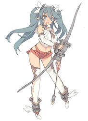  1girl argyle argyle_legwear blade_(galaxist) blue_eyes blue_hair bow_(weapon) collar detached_sleeves fang headgear leaning_forward long_hair midriff navel pointy_ears short_shorts shorts solo thigh-highs twintails weapon white_legwear 