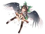  1girl arm_cannon bird_wings black_hair black_legwear black_wings bow fang flower full_body hair_bow hair_flower hair_ornament long_hair mary_janes navel open_clothes open_mouth open_shirt petals puffy_sleeves red_eyes reiuji_utsuho shirt shoes short_sleeves simple_background sitting skirt smile solo thigh-highs third_eye touhou toutenkou weapon white_background wings zettai_ryouiki 