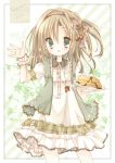  1girl :d blush cherry dress food frilled_dress frills fruit green_eyes hair_ribbon kohinata_raichi light_brown_hair long_hair looking_at_viewer one_side_up open_mouth original pancake plate puffy_short_sleeves puffy_sleeves ribbon short_sleeves smile solo waving wrist_cuffs 