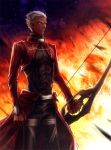  1boy archer bow_(weapon) dark_skin fate/stay_night fate_(series) fire lastdark solo weapon white_hair 