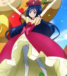  1girl armpits arms_up blue_eyes blue_hair character_request choker elbow_gloves gloves happinesscharge_precure! haruyama_kazunori hat long_hair pantyhose precure smile solo white_gloves white_legwear 