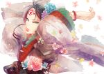  1boy arms_up black_hair bracelet chinese_clothes facial_mark floral_print flower flower_in_mouth hair_flower hair_ornament hakutaku_(hoozuki_no_reitetsu) hanfu hoozuki_no_reitetsu ihiro jewelry long_sleeves looking_at_viewer male_focus mouth_hold upper_body wide_sleeves wind yellow_eyes 