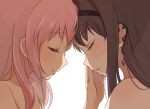  2girls akemi_homura bare_shoulders blush brown_hair closed_eyes earrings forehead-to-forehead gobou_1000 hand_on_another&#039;s_face headband jewelry kaname_madoka long_hair mahou_shoujo_madoka_magica multiple_girls pink_hair profile simple_background smile white_background 