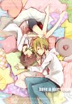  1boy 1girl blonde_hair brown_hair closed_eyes couple durarara!! hetero kida_masaomi mikajima_saki new_yamari pillow red_string short_hair sleeping string 