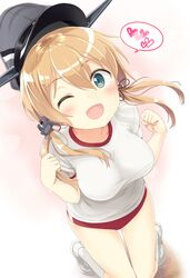  1girl blonde_hair buruma engiyoshi gym_uniform hat heart kantai_collection long_hair one_eye_closed prinz_eugen_(kantai_collection) solo spoken_heart twintails 