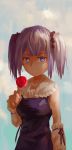  1girl blue_eyes breasts candy clouds cloudy_sky detached_sleeves gokukoku_no_brynhildr lisardggy lollipop purple_hair sky solo tokou_nanami twintails upper_body 