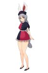  1girl :&lt; animal_ears bare_legs black_eyes black_shoes blue_dress blush braid bunny_tail dress frilled_dress frills hair_ribbon hat legs long_hair looking_at_viewer looking_to_the_side meranie multicolored_dress nurse_cap puffy_short_sleeves puffy_sleeves rabbit_ears red_dress ribbon short_dress short_sleeves silver_hair simple_background single_braid solo standing tail thighs touhou very_long_hair white_background yagokoro_eirin 