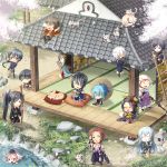  6+boys architecture black_hair blonde_hair blue_eyes blue_hair broom brown_hair chibi closed_eyes east_asian_architecture fox gokotai gokotai&#039;s_tigers hat horikawa_kunihiro ima-no-tsurugi iwatooshi izumi-no-kami_kanesada japanese_clothes jirou_tachi kousetsu_samonji male_focus mikazuki_munechika military military_uniform multiple_boys mutsu-no-kami_yoshiyuki naginata nakigitsune nakigitsune&#039;s_fox namazuo_toushirou nodachi noma_taoru open_mouth polearm pond ponytail sayo_samonji silver_hair smile swimming sword tarou_tachi tiger tokin_hat tonbokiri_(touken_ranbu) touken_ranbu uniform weapon yagen_toushirou yellow_eyes 