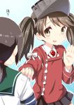  2girls :d absurdres brown_eyes brown_hair commentary_request fubuki_(kantai_collection) hand_on_another&#039;s_shoulder highres japanese_clothes kantai_collection kariginu long_hair low_ponytail magatama multiple_girls open_mouth pleated_skirt ryuki_(ryukisukune) ryuujou_(kantai_collection) school_uniform serafuku skirt smile translation_request twintails visor_cap 