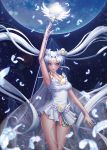  1girl ango arm_up bishoujo_senshi_sailor_moon blue_background blue_eyes brooch cape choker double_bun earrings facial_mark feathers forehead_mark hair_ornament hairpin highres jewelry lips long_hair magical_girl pleated_skirt sailor_collar sailor_cosmos skirt solo staff star thigh_gap twintails white white_hair 